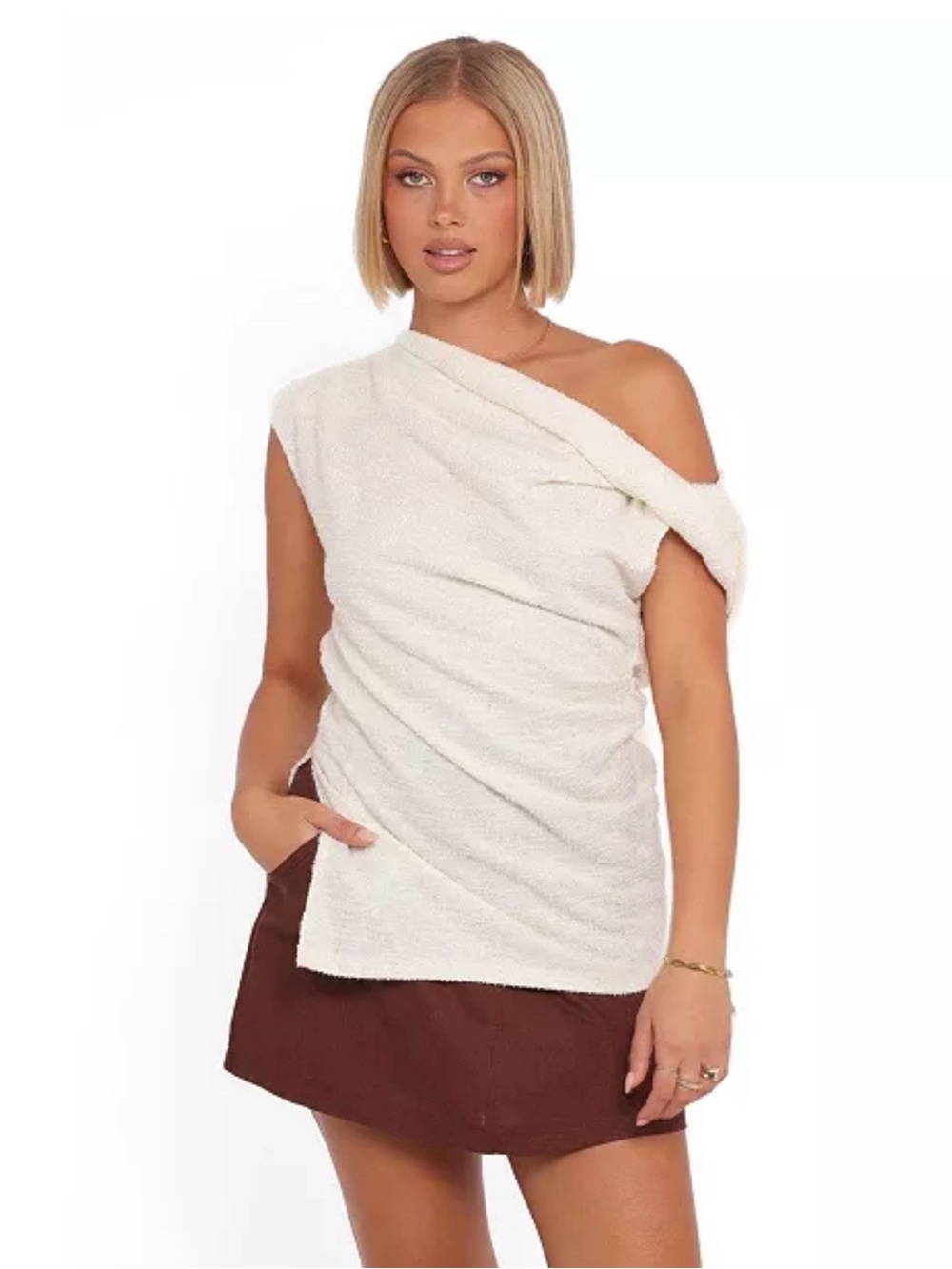 Petal + Pup Cream One-Shoulder Cozy Knit Sweater Top